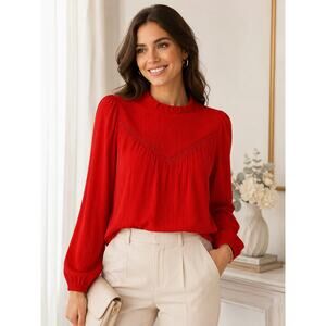 Loft Textured Trimmed Ruffle Neck Blouse Red Size Small NWT
